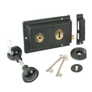 May include: A black door lock set with a keyhole and a knob. The set includes a rectangular lock body, a strike plate, two keys, a round plate, and a knob. The lock has a brass-coloured keyhole.