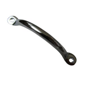 May include: A shiny, curved metal handle with a polished chrome finish. The handle has two mounting holes, one at each end. The handle is designed for use on a cabinet, drawer, or other furniture.