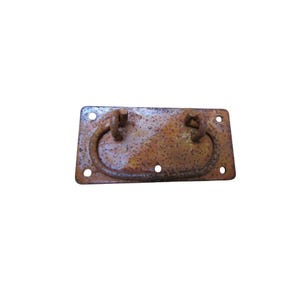 May include: A rectangular, rusty metal drawer pull with two oval handles and four screw holes. The hardware has a distressed, aged appearance, suggesting vintage or antique use. The pull is a warm, earthy brown color.