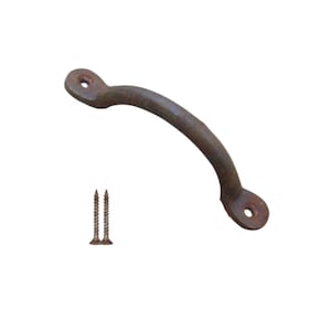 May include: A rustic, curved metal handle with two screw holes at each end. The handle is a dark, weathered brown color, suggesting an aged or antique appearance. Two matching screws are included.