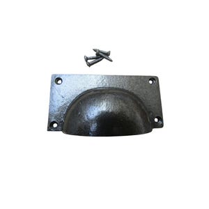 May include: A black cast iron drawer pull with a semi-circular handle and a rectangular backplate. Four screw holes are visible on the backplate, and three screws are included. The hardware has a rustic, antique appearance.