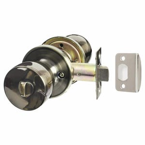 Könnte beinhalten: Ein Türknauf-Set in Bronze-Optik mit rundem Griff und passendem Schließblech. Die Hardware hat ein klassisches Design und ist aus Metall gefertigt. Das Set enthält alle notwendigen Komponenten für die Installation.