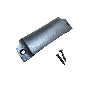 May include: A dark grey cast iron cabinet pull with a textured surface. The rectangular pull has rounded ends with screw holes. Two black screws are included.