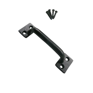 May include: Black metal cabinet pull with a curved handle and square mounting plates. Includes four black screws for installation. The hardware is designed for use on drawers, cabinets, or other furniture.