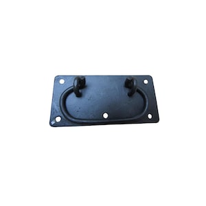 May include: A black metal drawer pull with a rectangular backplate and two oval-shaped handles. The pull has a matte finish and is designed for furniture. The backplate has four screw holes, and the handles are attached with rivets.