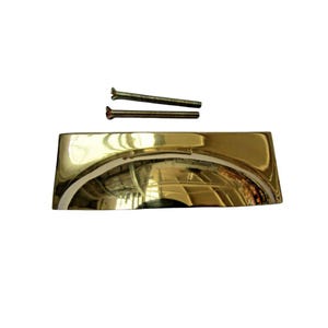 May include: A shiny, gold-colored drawer pull with a curved design, accompanied by two screws. The hardware has a reflective surface, suggesting a polished finish. The screws are approximately 2 inches long.