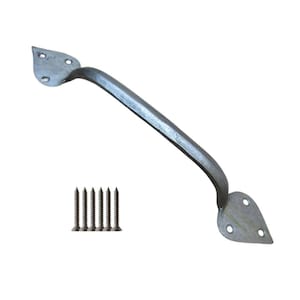 May include: A galvanized steel handle with a curved bar and leaf-shaped ends. Includes six screws for installation. The handle is approximately 7 inches long and is designed for doors, drawers, or cabinets.