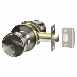 Könnte beinhalten: Ein silberfarbenes Türknauf-Set mit einem runden Knauf und einer passenden Schließplatte. Der Knauf hat ein kreisförmiges Design und ist aus Metall gefertigt. Das Set enthält einen Riegelmechanismus und ist für Innentüren konzipiert.