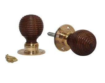 Mortice Door knob Teak + Brass Wooden beehive Vintage Style Rim Lock Handles Pair