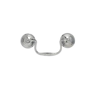 May include: A polished chrome drawer pull with a classic design. The pull features two circular backplates connected by a curved handle. The hardware is made of shiny metal and is suitable for furniture restoration or new builds.