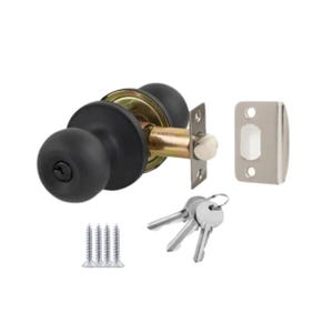 Puede incluir: Juego de pomo de puerta redondo negro con placa de cierre plateada, tres llaves y tornillos. El pomo tiene un acabado mate y un ojo de cerradura. Para puertas interiores.
