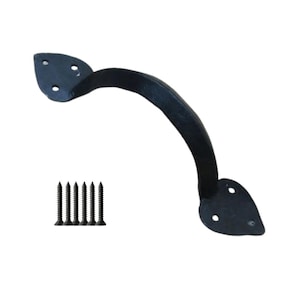 May include: A black, curved door handle with a decorative leaf-shaped end on each side. Includes six black screws for installation. The handle is made of metal and is designed for doors or drawers.
