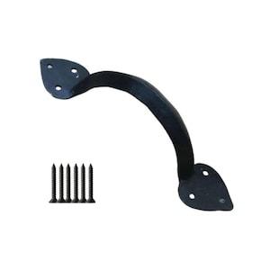 May include: Black, decorative door handle with a curved design. The handle has a leaf-shaped base on each end and includes six black screws for installation. The handle is made of metal and is suitable for cabinets or doors.