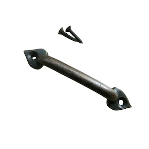 May include: A rustic, dark brown metal handle with a textured surface and heart-shaped ends. Two matching screws are included. This hardware is suitable for cabinets, drawers, or other furniture projects.