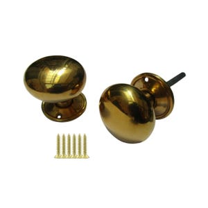 Könnte beinhalten: Zwei Messing-Türknöpfe mit poliertem Finish, einer abgenommen und einer an einer Rückplatte befestigt. Sechs Messingschrauben sind ebenfalls enthalten. Die Knöpfe haben eine ovale Form.