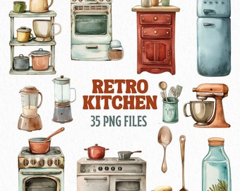 Retro kitchen clipart, retro room png, vintage kitchen watercolour, retro kitchen watercolour elements, midcentury kitchen clipart