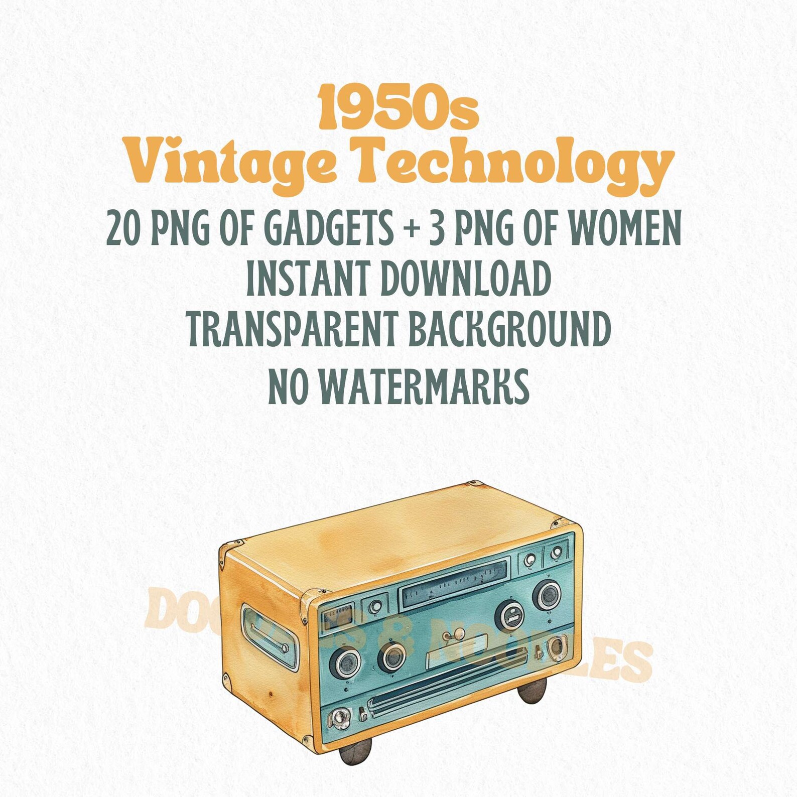 1950s Vintage Clipart, Retro Technology Watercolor Png, Vintage 50s 60s ...