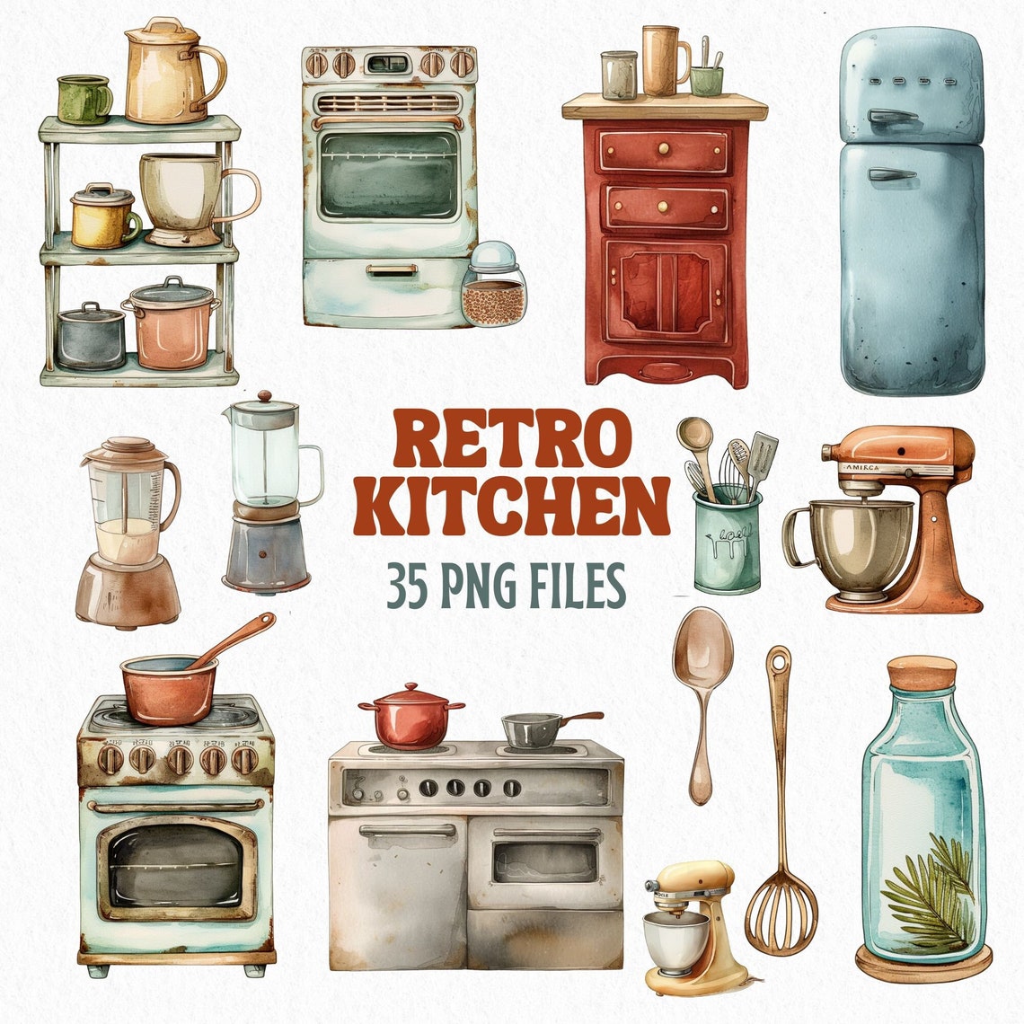 Retro Kitchen Clipart, Retro Room Png, Vintage Kitchen Watercolour, Retro Kitchen Watercolour ...