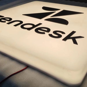 Puede incluir: Un letrero cuadrado blanco con un logotipo negro que dice "zendesk" y un diseño geométrico negro estilizado.