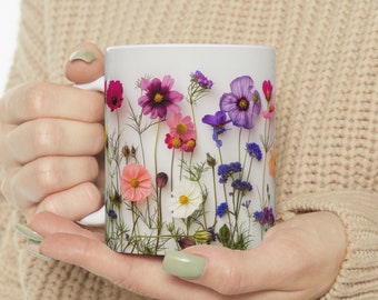 Tasse à fleurs pressées, tasse à café bohème fleurs sauvages cottagecore, tasse à thé botanique vintage, tasse nature florale pastel, cadeau pour amateur de jardin de fleurs