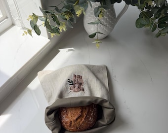 Sacchetto per il pane in lino naturale. Sacchetto in lino a doppio strato con ricamo.