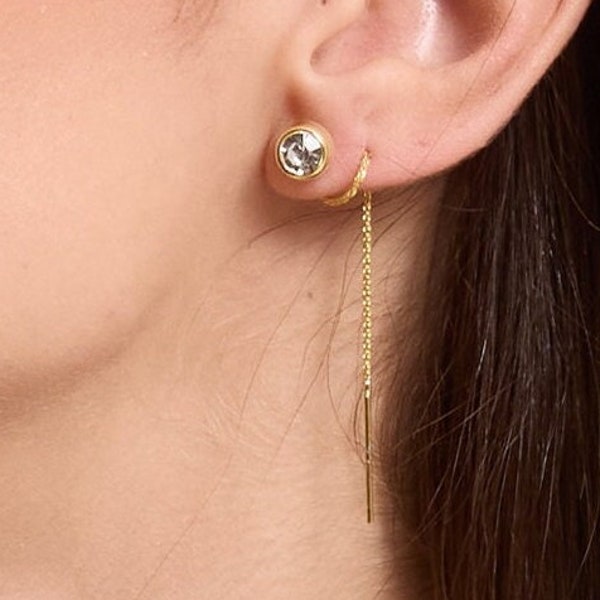 Sterling Silver Zircon Earrings - 14k Solid Gold Plated Long Threader Earrings - Ear Chain - Pull Through Minimalist Earrings - Gift for Her