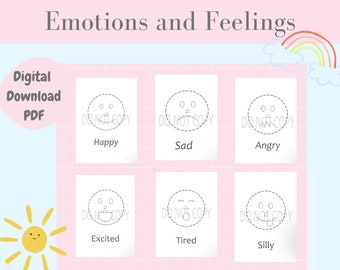 Tracing Emotions Worksheets. Learning Feelings. Pen Control Kids. Hand Drawing. Printable Coloring Pages for kids.