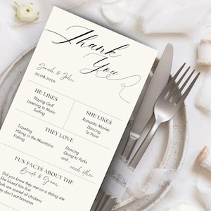 Marque-place avec code QR de remerciement mariage marque-place avec code qr de remerciement Faits amusants sur le menu du mariage Note de serviette de menu, carte de remerciement imprimable, QR