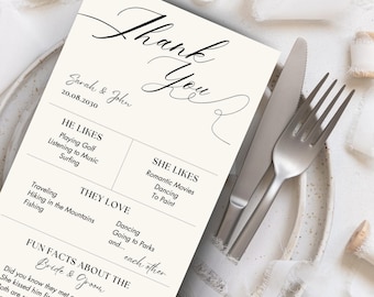 Wedding Thank You Place Card Qr Code thank you place card qr code Wedding menu fun facts  Menu Napkin Note, Printable Thank You card, QR