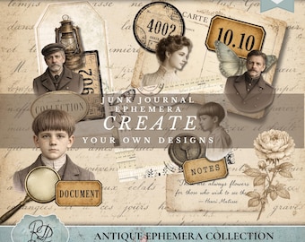 Antike Ephemera-Sammlung, druckbare Junk Journal Ephemera, Vintage viktorianische Elemente, Fussy Cut Collage Pack, RDL Designs