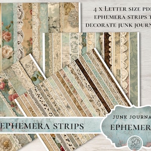 Könnte beinhalten: Vier druckbare PDF-Blätter mit Vintage-Ephemera-Streifen zum Junk Journaling. Die Streifen zeigen Spitze, florale Muster und Text in Braun-, Blau- und Cremetönen.