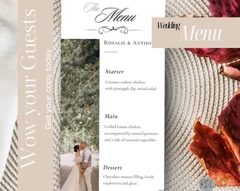 Wedding menu with fun fact Decor Activity Menu Template, Game Sheet, Modern Script Wedding Dinner Menu, Printable, Digital download
