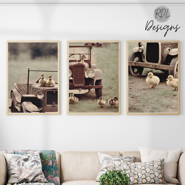 Vintage nursery duck pintable’s farmhouse wall art triptych wall art baby duck on the old vintage vehicle