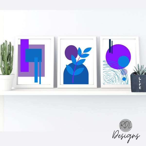 Peppy wall art triptych wall art abstract bright purple and blue theme