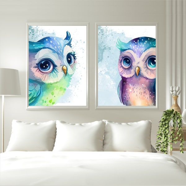 Calming blue and purple Owl painting peaceful wall art with water color background High quality digital download