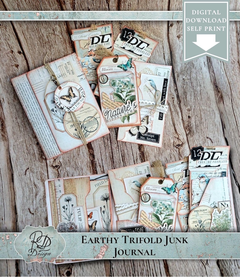 Earthy Trifold Junk Journal Kit Printable Bird and Floral Ephemera ...