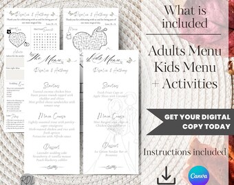 Wedding menu with fun facts Decor Activity Menu Template, Game Sheet, Modern Script Wedding Dinner Menu, Printable, Digital downloads