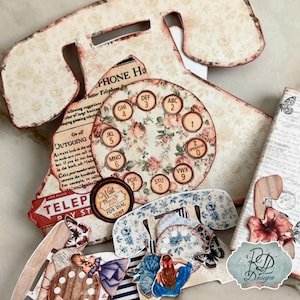 Shabby Telephone Booklet Kit Vintage Junk Journal Ephemera Digital Download vintage telephone ephemera tags pockets telephone mini book, RDL