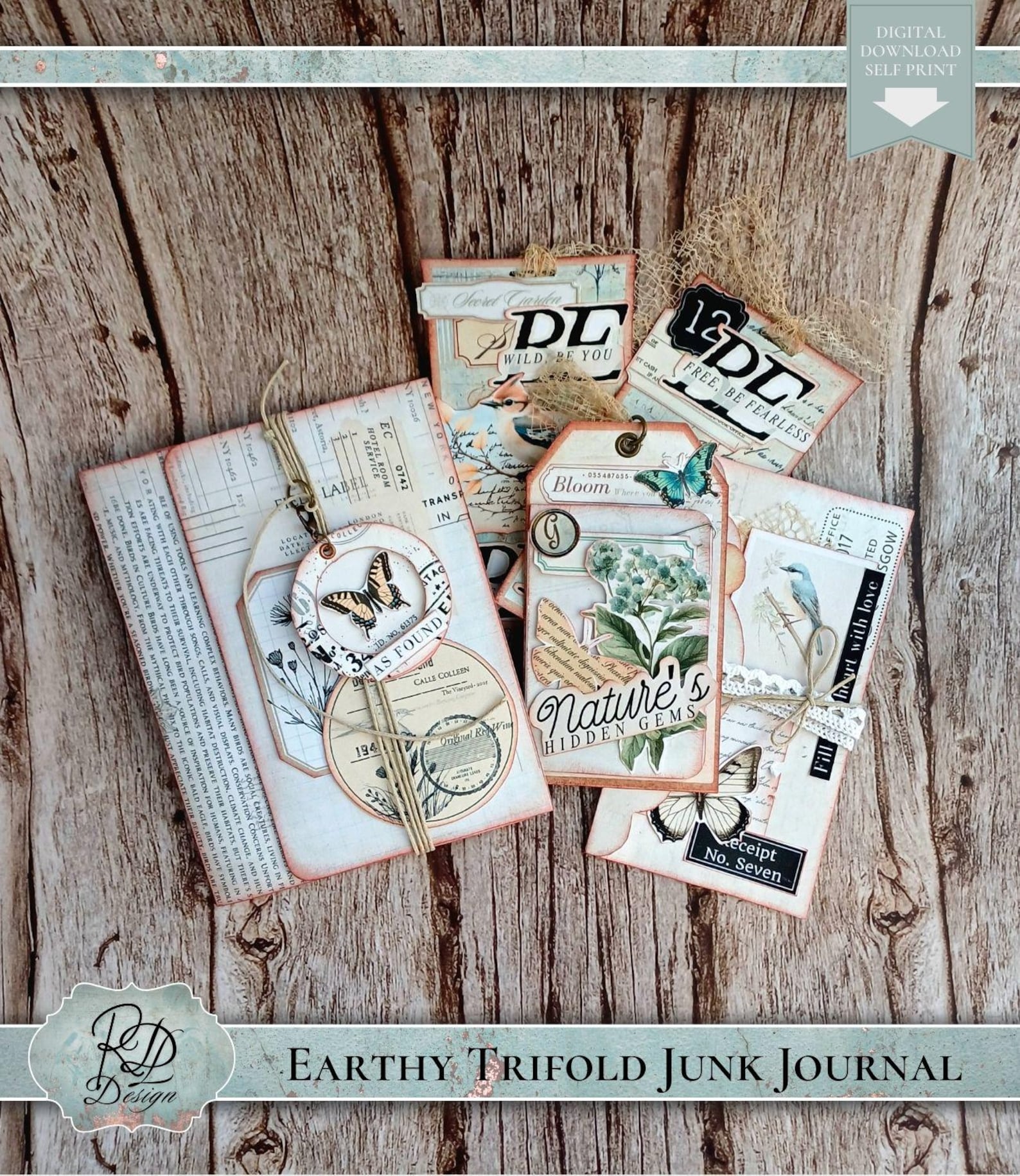Earthy Trifold Junk Journal Kit Printable Bird and Floral Ephemera ...