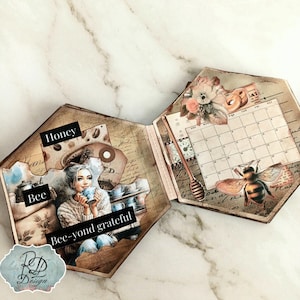 Coffee Bee Junk Journal Kit Hexagon mini Folio Ephemera bee lovers journal coffee lover journal kit vintage tags and pocket Digital Download