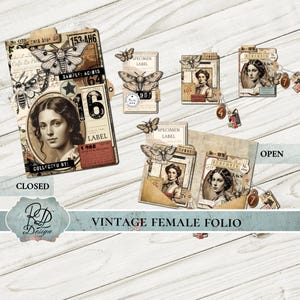 Vintage Female Folio Junk Journal Digital kit Vintage Specimen Ephemera specimen moth File Folders woman Tag Card Victorian Embellishment