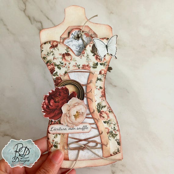 corset dress form Junk Journal kit Shabby Chic Ephemera sewing lovers Digital Download Shabby Junk Journal Dress tags pockets Ephemera Ladivine 7496C Formal Plus-Size luxorScript_Initials With sequined floral lace Size:Pre-order Custom Size >11 +$40 corset mannequin