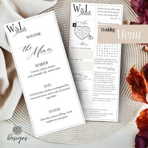 Bruiloftsmenu met leuke weetjes Bruiloftsdecor activiteitenmenusjabloon, spelblad, modern schrift bruiloftsdinermenu, afdrukbaar, digitale afbeeldingen