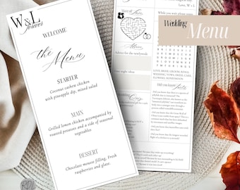 Wedding menu with fun facts Wedding Decor Activity Menu Template, Game Sheet, Modern Script Wedding Dinner Menu, Printable, Digitals