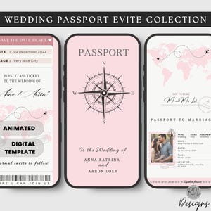 ブラッシュピンクのデスティネーションウェディング evite 旅行をテーマにした結婚式招待状セット アドベンチャーウェディング evite 海外での結婚式 evite デジタルダウンロード