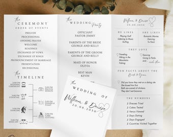 Trifold Wedding Program Template A4 and Letter Wedding Ceremony Program Foldable Modern Program Wedding Day Timeline Fun Fact Template