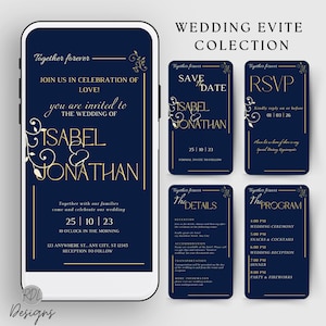 May include: A blue and gold wedding invitation suite for a wedding on October 25, 2023. The invitation includes a save the date card, RSVP card, details card, and program card. The cards feature a floral design and the names "Isabel & Jonathan".
