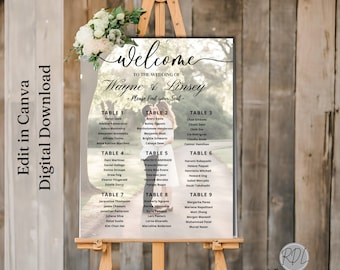 Plano de asientos con foto Plano de asientos Plano de asientos con foto para boda Encuentra tu asiento Plantilla editable Plantilla de asientos Boda Canva Temperatura de asientos
