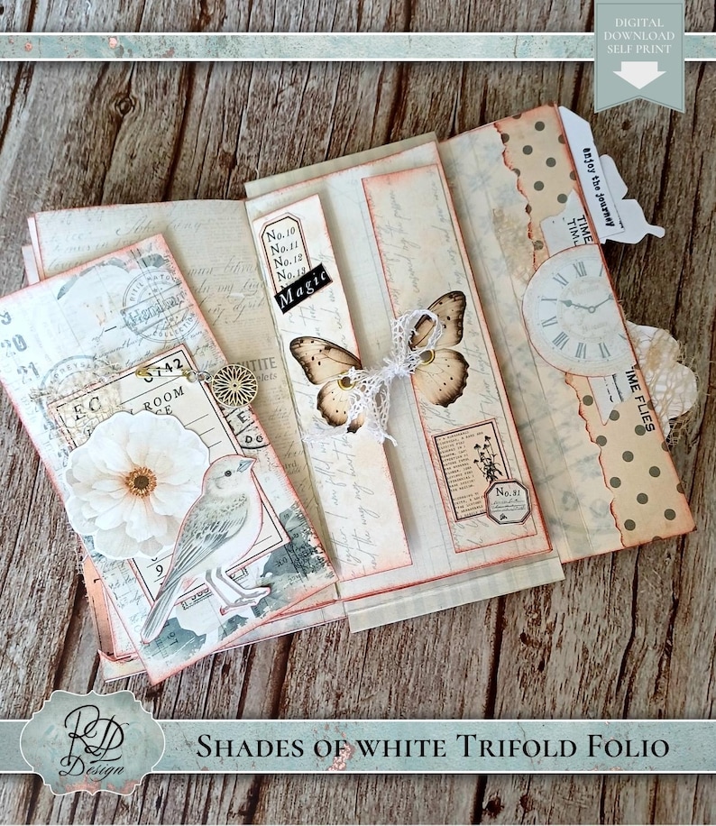 Shades of White Junk Journal Trifold Folio Kit Printable Neutral Shabby ...