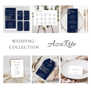 May include: A wedding invitation suite with a navy blue and gold color scheme. The suite includes a save the date card, an RSVP card, a wedding invitation, a menu card, a seating chart, a thank you tag, and a place card. The design features a floral motif with gold accents.
